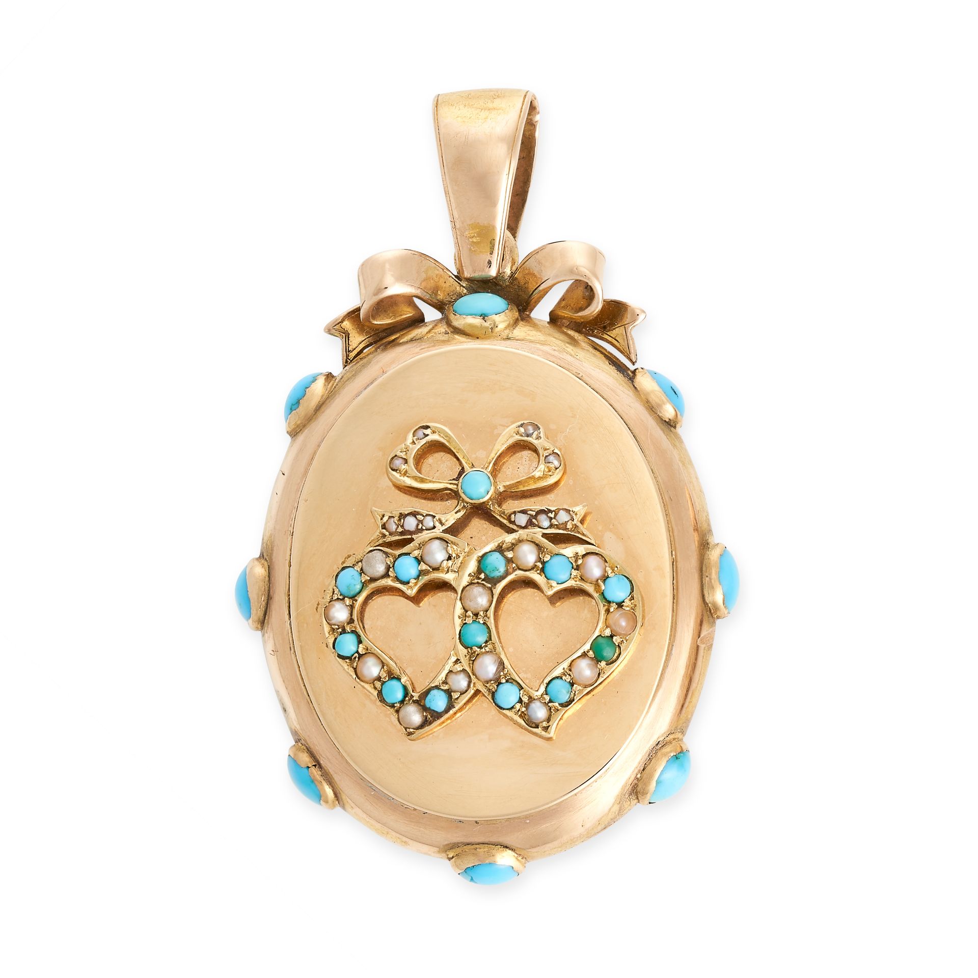 NO RESERVE - AN ANTIQUE TURQUOISE AND PEARL LOCKET PENDANT, 19TH CENTURY in yellow gold, the oval