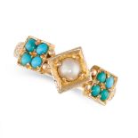 NO RESERVE - AN ANTIQUE VICTORIAN TURQUOISE AND PEARL RING, 1874 in 15ct yellow gold, set with a
