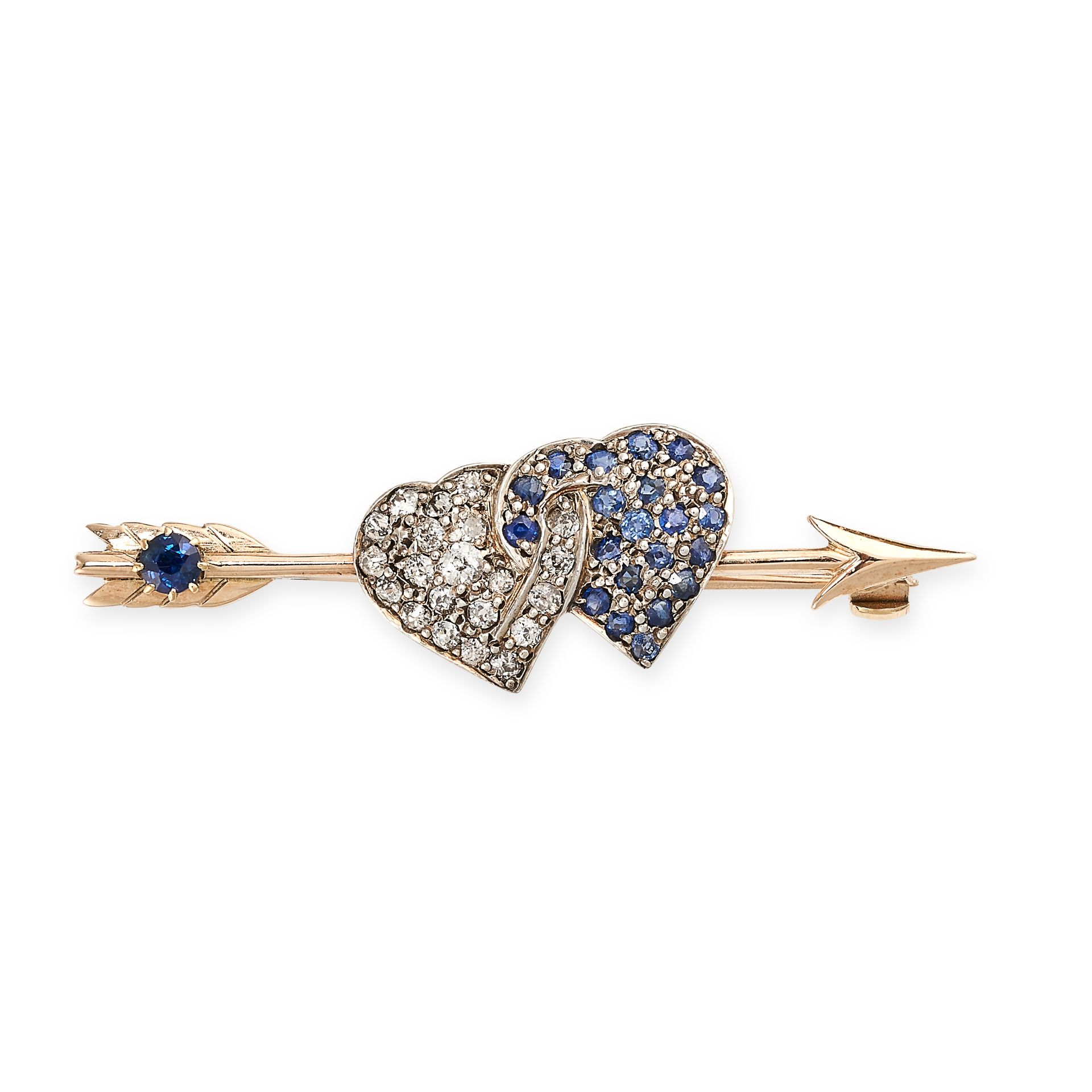 NO RESERVE - AN EARLY 20TH CENTURY DIAMOND AND SAPPHIRE HEART BROOCH, CIRCA 1903 in silver and gold,