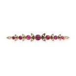 NO RESERVE - AN ANTIQUE RUBY AND DIAMOND BAR BROOCH in yellow gold and silver, set with seven