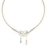 NO RESERVE - AN ANTIQUE TURQUOISE, PEARL, DIAMOND AND ENAMEL PENDANT NECKLACE in 18ct yellow gold,