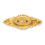 NO RESERVE - AN ANTIQUE RUBY AND DIAMOND BROOCH in 15ct yellow gold, set with an old cut diamond