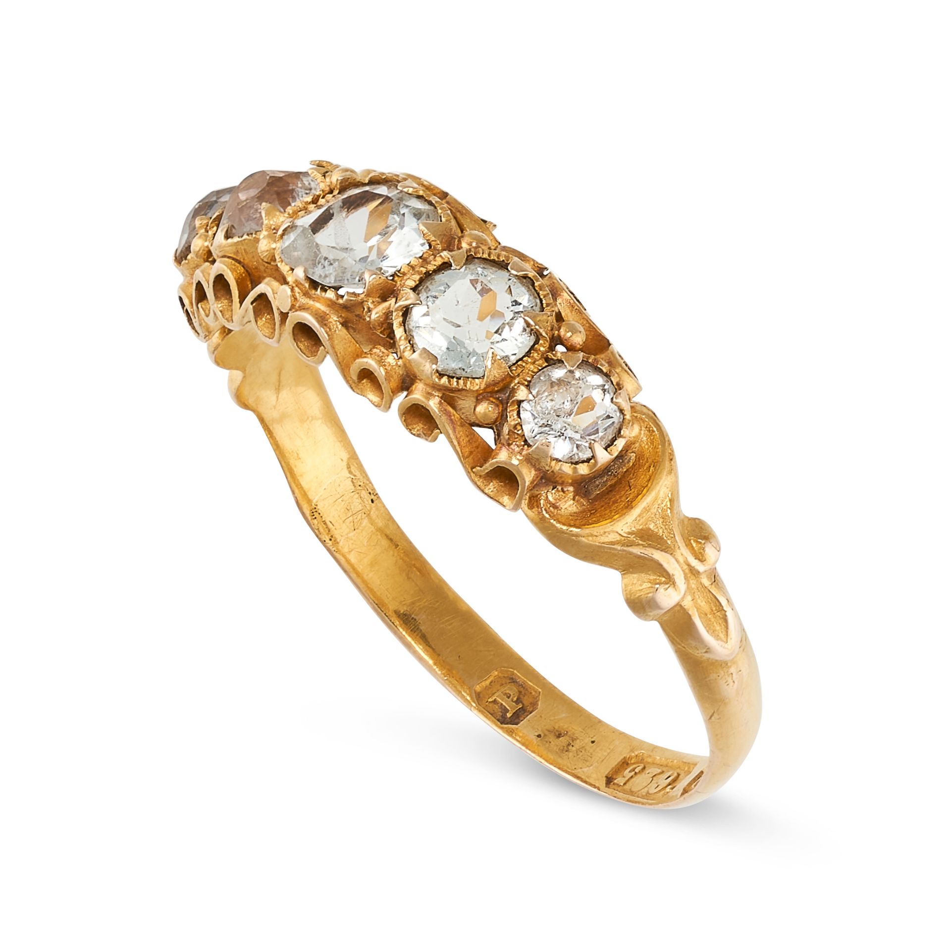 NO RESERVE - AN ANTIQUE VICTORIAN AQUAMARINE RING, 1864 in 15ct yellow gold, set with a row of - Image 2 of 2