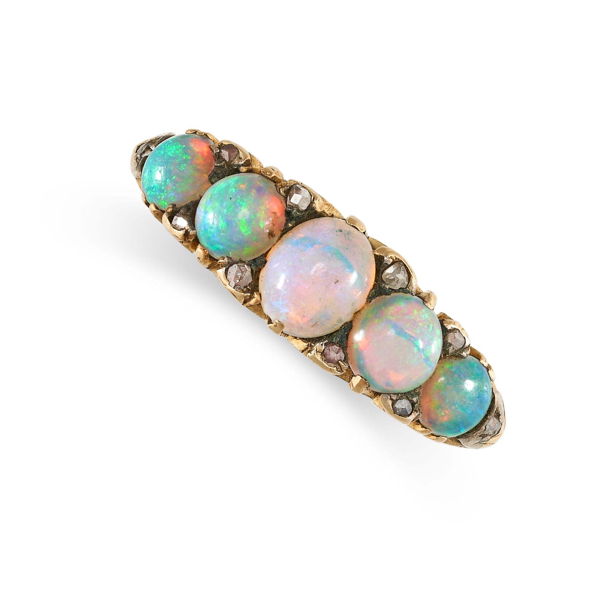 NO RESERVE - AN ANTIQUE OPAL AND DIAMOND RING in 18ct yellow gold, set with a row of five