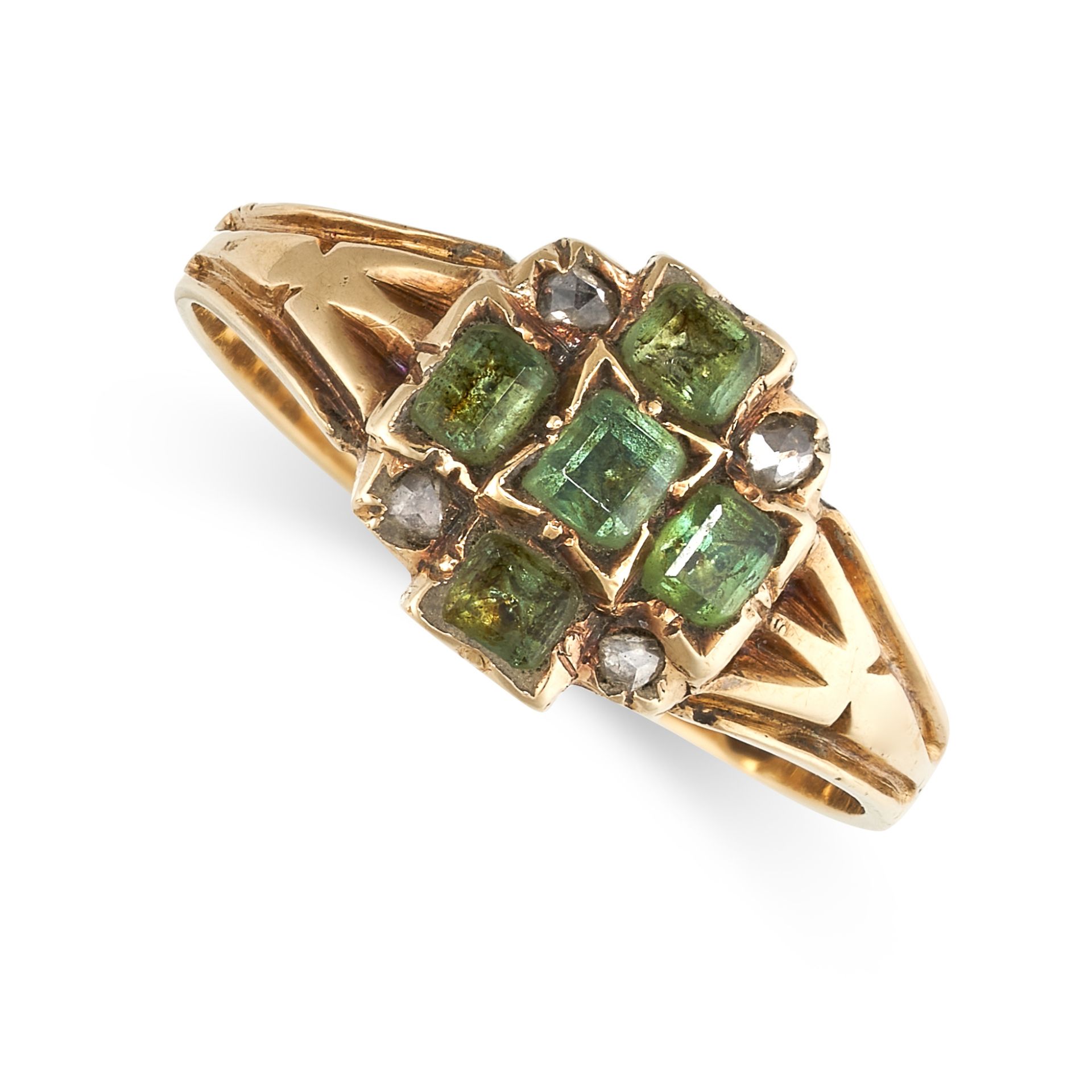 NO RESERVE - AN ANTIQUE VICTORIAN EMERALD AND DIAMOND RING, 1868 in 18ct yellow gold, the face set