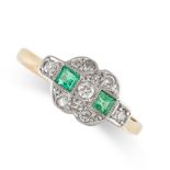 NO RESERVE - AN EMERALD AND DIAMOND DRESS RING in 18ct yellow gold and platinum, set with two step