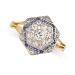 NO RESERVE - AN ART DECO DIAMOND AND SAPPHIRE RING in 18ct yellow gold and platinum, the hexagonal