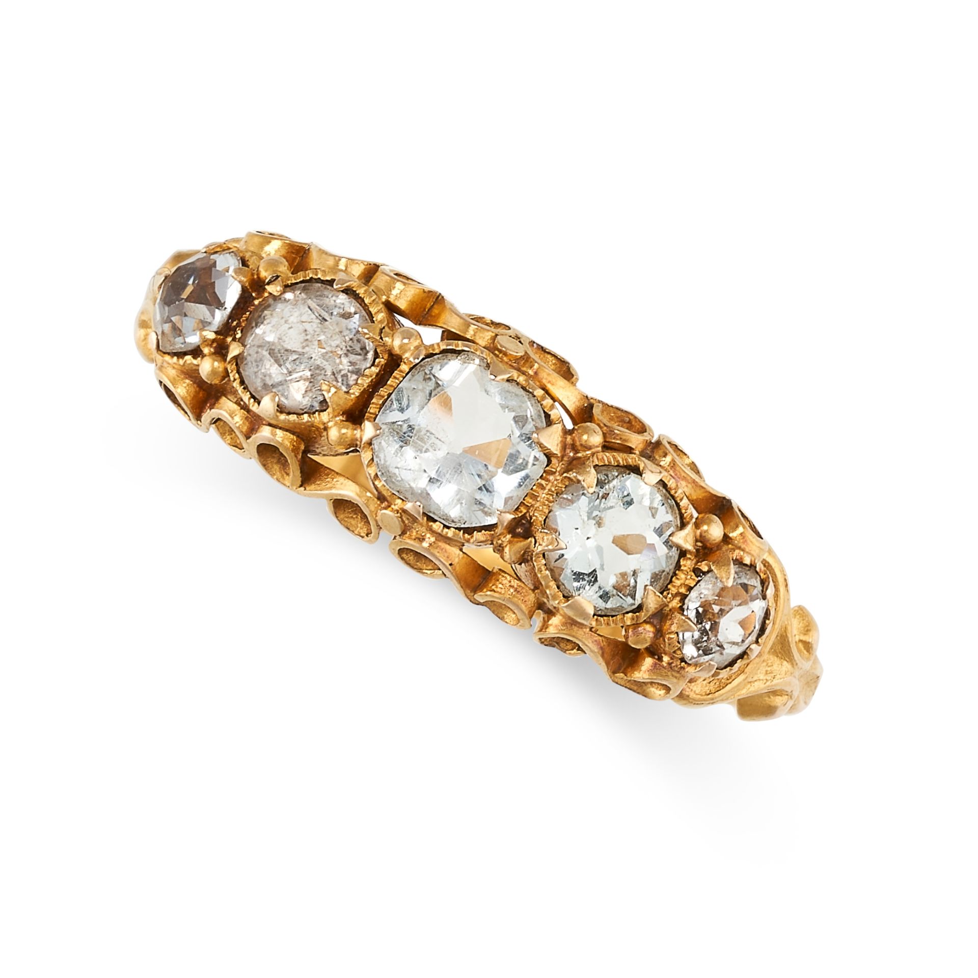 NO RESERVE - AN ANTIQUE VICTORIAN AQUAMARINE RING, 1864 in 15ct yellow gold, set with a row of