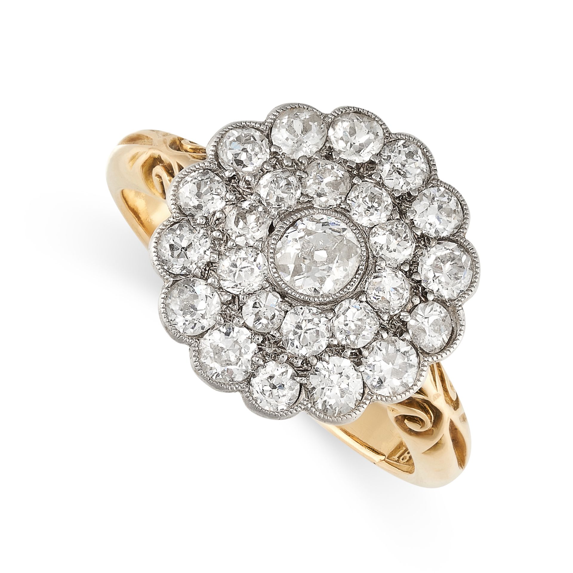 NO RESERVE - A DIAMOND CLUSTER DRESS RING in 18ct yellow gold and platinum, set with a central old