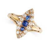 NO RESERVE - AN ANTIQUE SAPPHIRE AND DIAMOND RING in 18ct yellow gold, set with a trio of