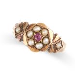 NO RESERVE - AN ANTIQUE VICTORIAN PEARL AND RUBY RING, 1885 in 15ct yellow gold, set with a