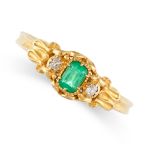 NO RESERVE - AN ANTIQUE EMERALD AND DIAMOND DRESS RING in 18ct yellow gold, set with a cushion