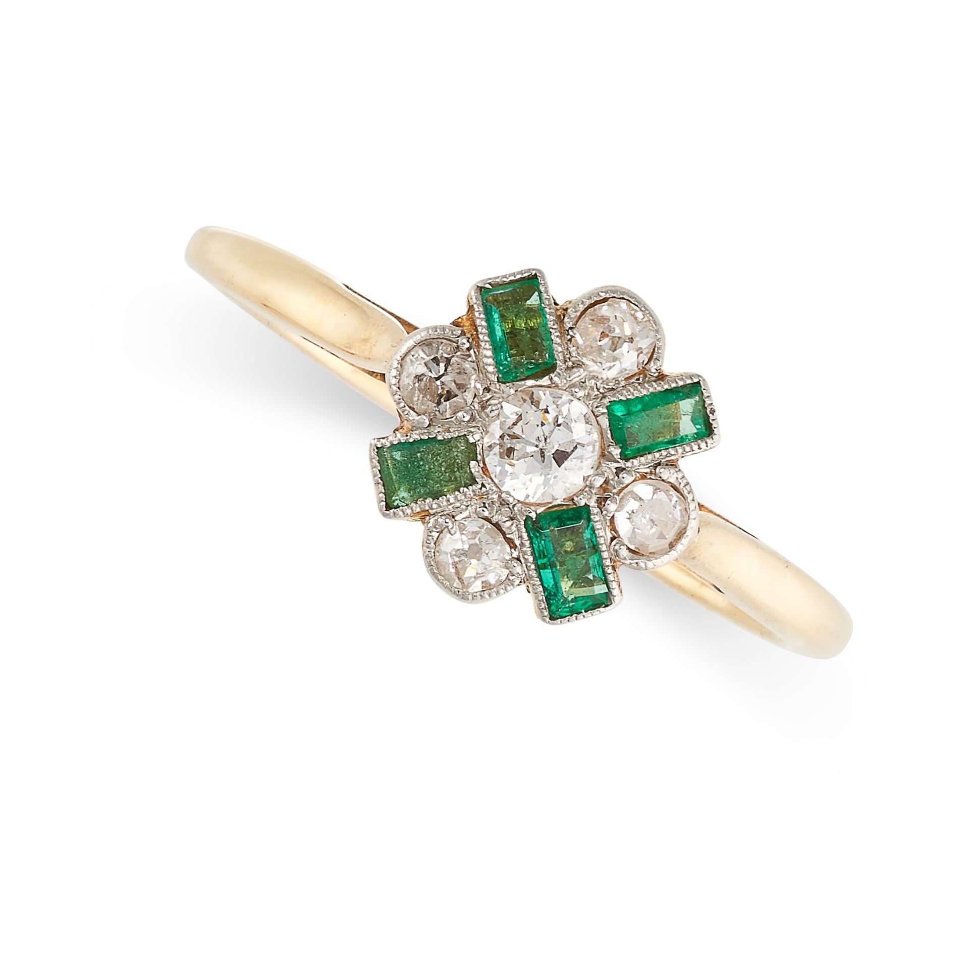 NO RESERVE - AN ART DECO DIAMOND AND EMERALD RING in 18ct yellow gold and platinum, set with a