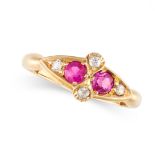 NO RESERVE - AN ANTIQUE RUBY AND DIAMOND RING in 18ct yellow gold, set with two round cut rubies and