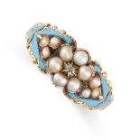 NO RESERVE - AN ANTIQUE VICTORIAN DIAMOND, PEARL AND ENAMEL RING in high carat yellow gold, designed