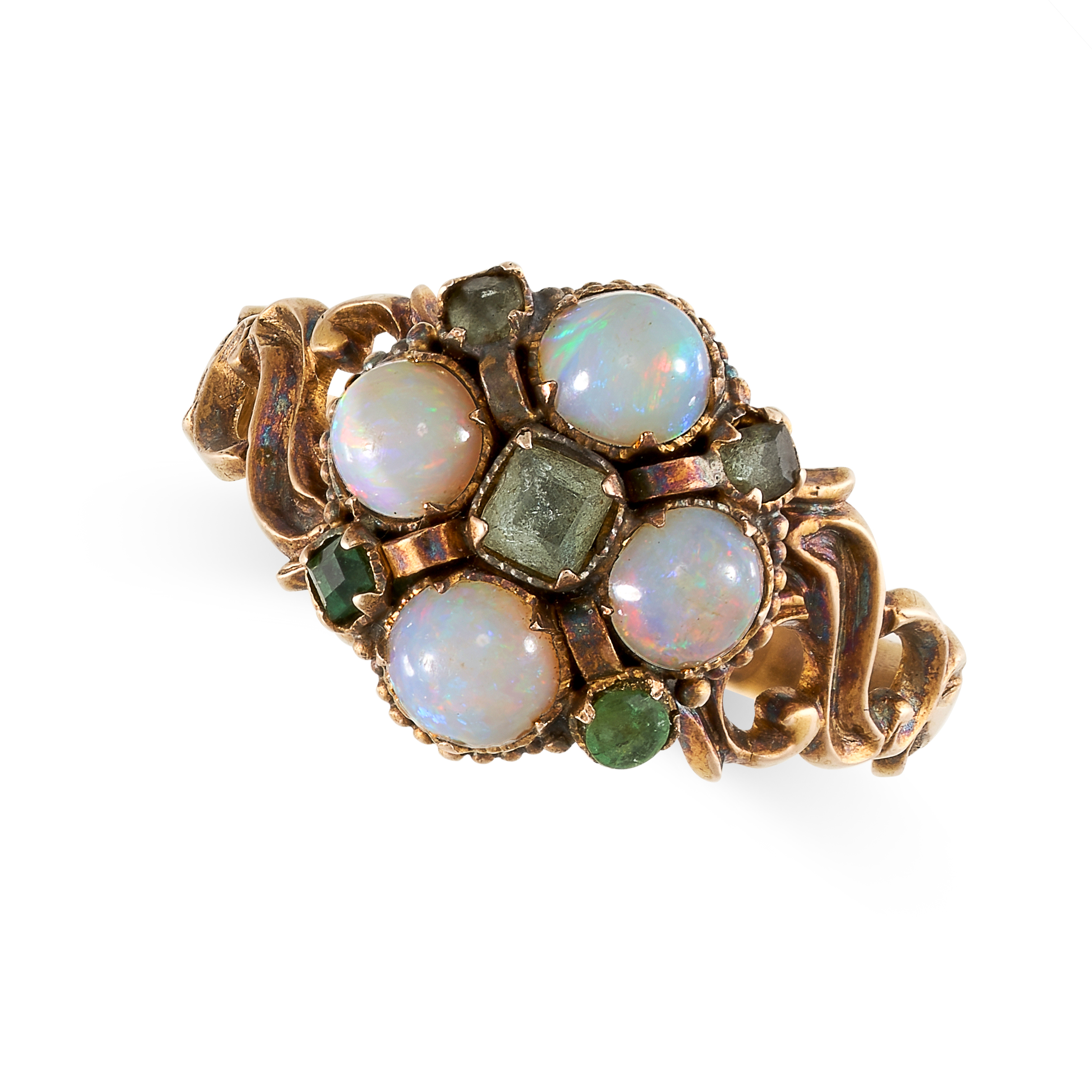 NO RESERVE - AN ANTIQUE VICTORIAN OPAL AND EMERALD RING, 1869 in 15ct yellow gold, set with round