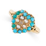 NO RESERVE - AN ANTIQUE VICTORIAN TURQUOISE, PEARL AND DIAMOND SWEETHEART RING, 1871 in 18ct