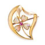 NO RESERVE - AN ANTIQUE OPAL AND RUBY BROOCH in 15ct yellow gold, designed as a four-leaved