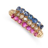 NO RESERVE - AN ANTIQUE VICTORIAN RUBY, SAPPHIRE AND DIAMOND RING, 1897 in 18ct yellow gold, set