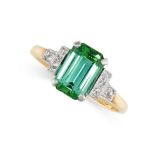 NO RESERVE - A GREEN TOURMALINE AND DIAMOND RING in 18ct yellow gold and platinum, set with an