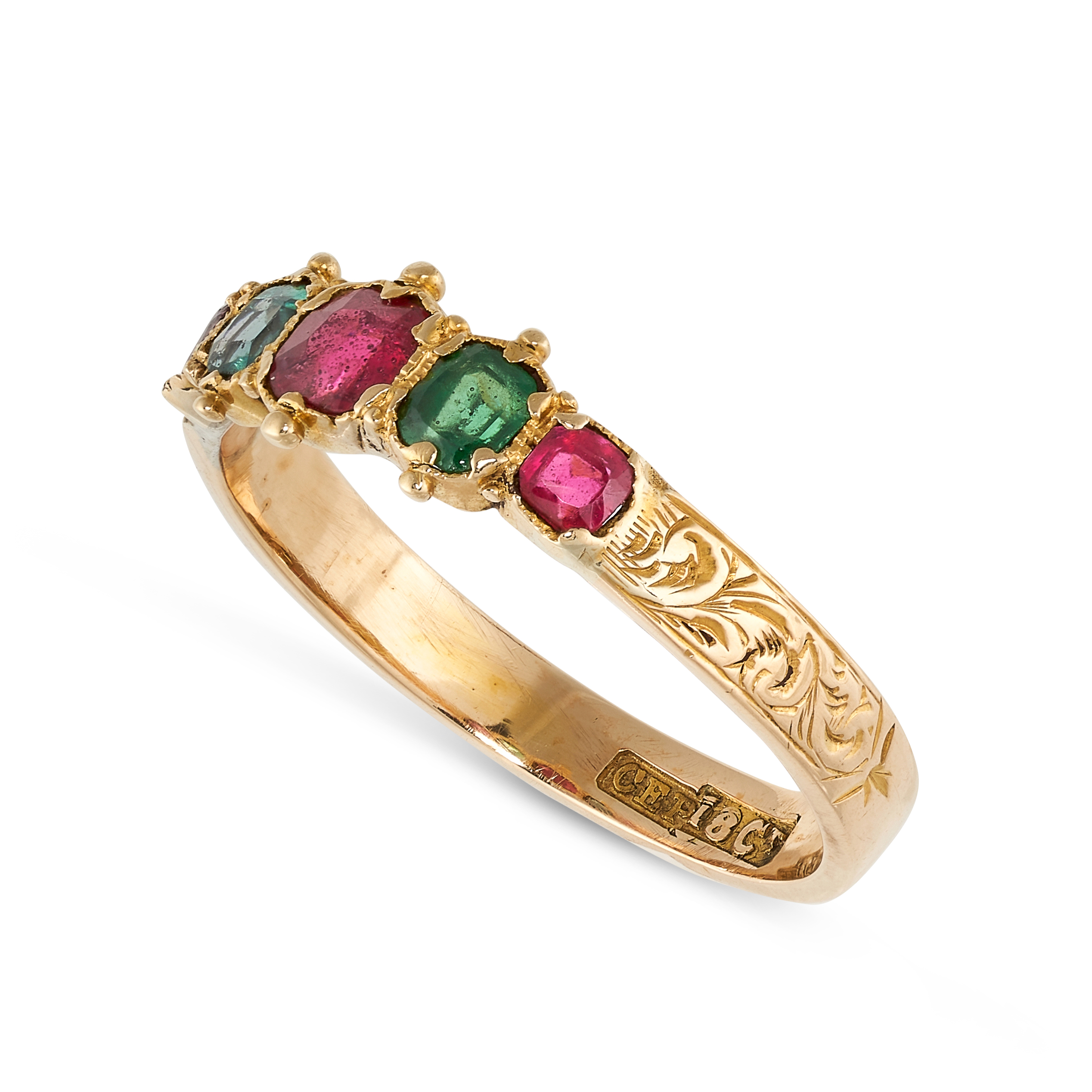 NO RESERVE - AN ANTIQUE RUBY AND EMERALD RING in 18ct yellow gold, set with a trio of graduated - Image 2 of 2