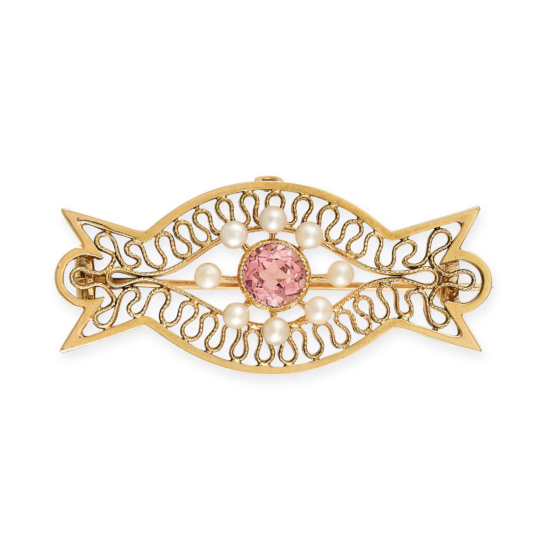 NO RESERVE - AN ANTIQUE PINK TOURMALINE AND PEARL BROOCH, EARLY 20TH CENTURY in 15ct yellow gold,