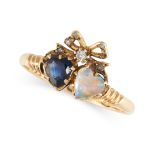NO RESERVE - AN ANTIQUE VICTORIAN SAPPHIRE, OPAL AND DIAMOND SWEETHEART RING, 1900 in 18ct yellow