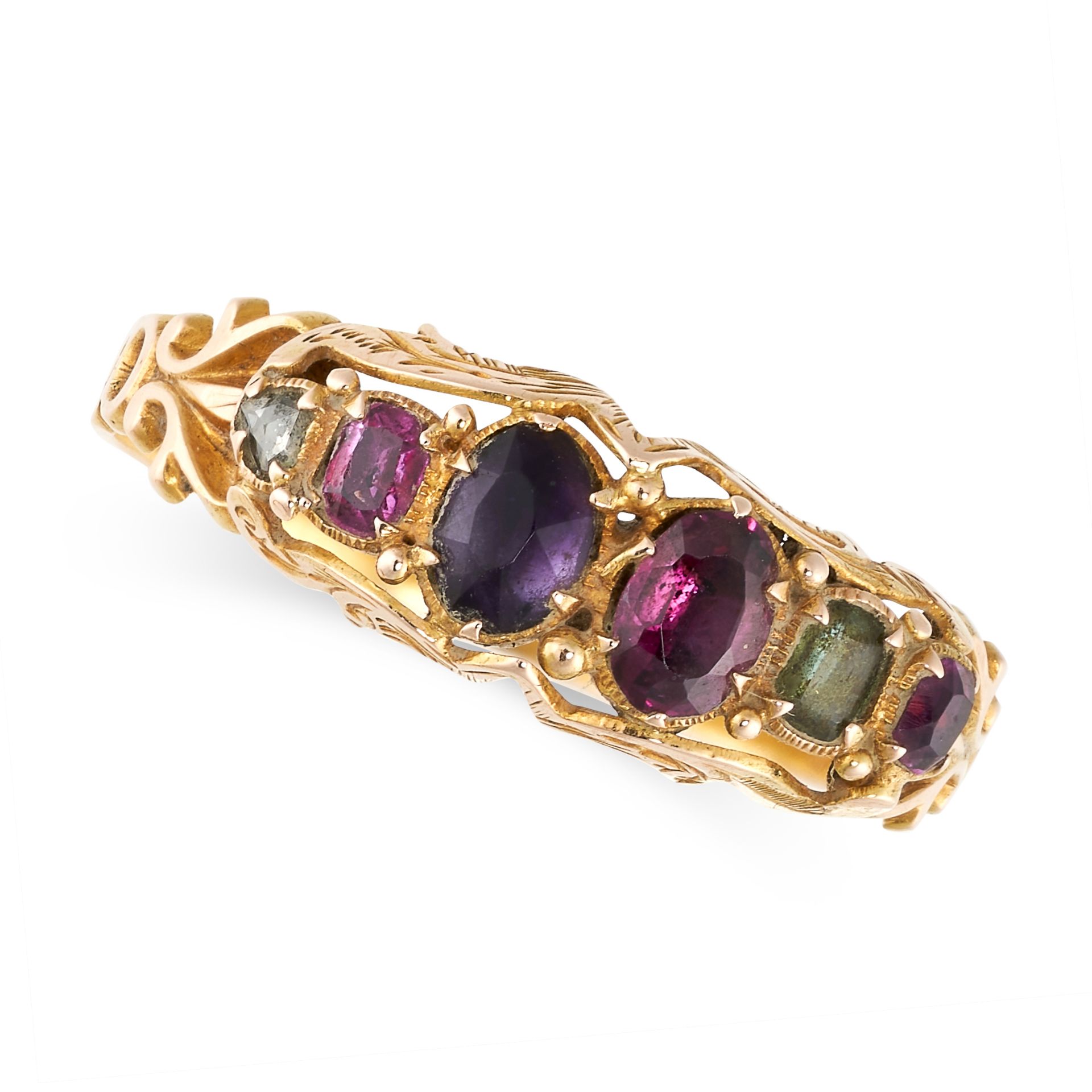 NO RESERVE - AN ANTIQUE VICTORIAN GEMSET REGARD RING, 19TH CENTURY in yellow gold, set with a row of