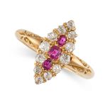 NO RESERVE - AN ANTIQUE VICTORIAN RUBY AND DIAMOND RING, 1899 in 18ct yellow gold, the navette