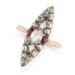 NO RESERVE - AN ANTIQUE DIAMOND AND RUBY RING in 18ct yellow gold and silver, the navette shaped