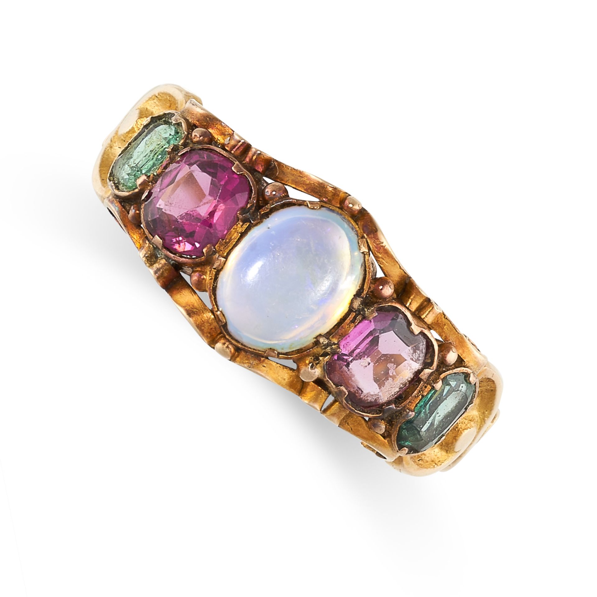 NO RESERVE - AN ANTIQUE VICTORIAN OPAL, GARNET AND EMERALD RING 1868 in 12ct yellow gold, set with