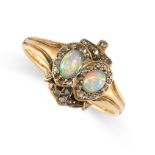 NO RESERVE - AN ANTIQUE OPAL AND DIAMOND SWEETHEART RING in 18ct yellow gold, set with two oval