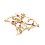 NO RESERVE - AN ANTIQUE ART NOUVEAU RUBY AND PEARL BROOCH in 15ct yellow gold, set with round cut