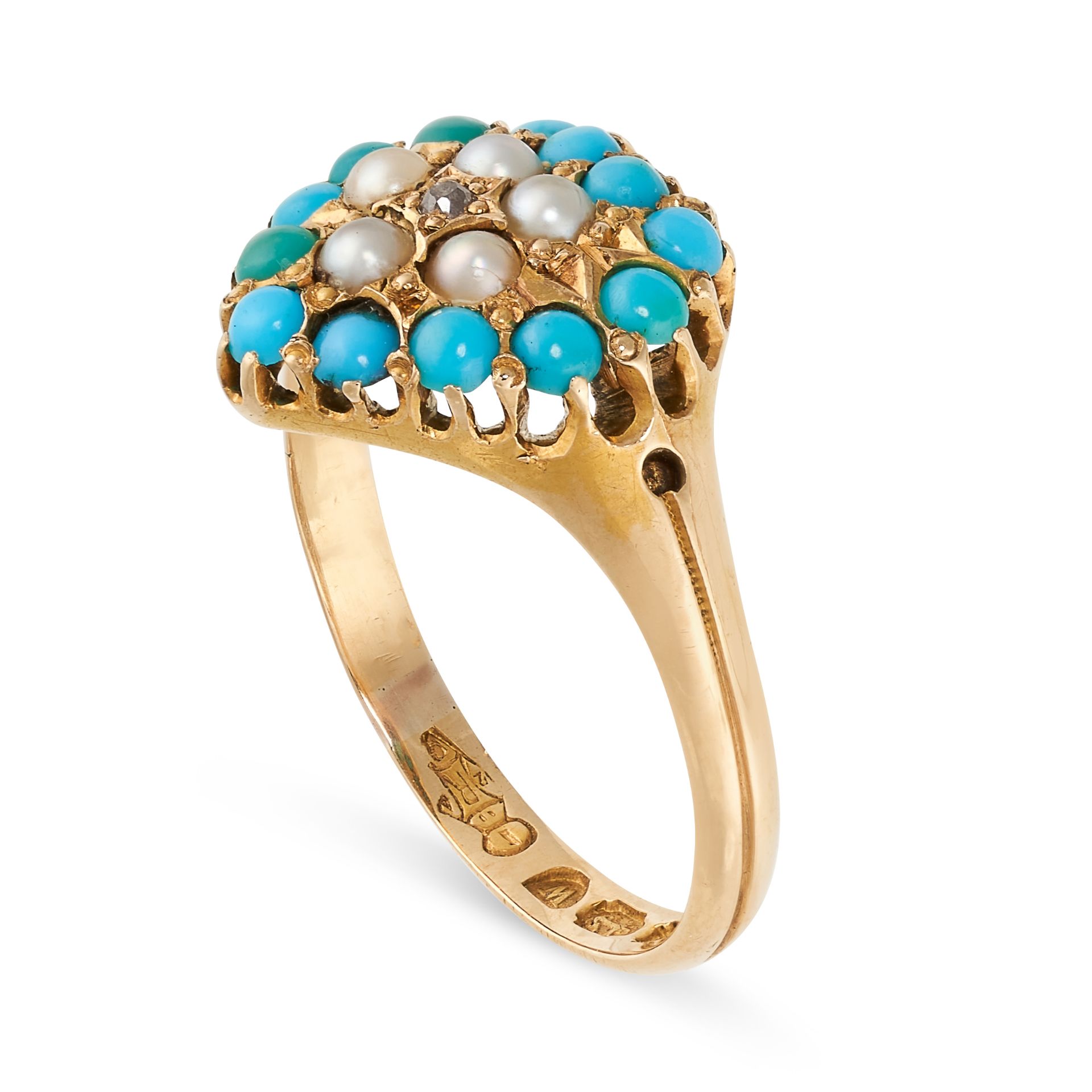 NO RESERVE - AN ANTIQUE VICTORIAN TURQUOISE, PEARL AND DIAMOND SWEETHEART RING, 1871 in 18ct - Image 2 of 2