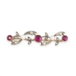 NO RESERVE - AN ANTIQUE RUBY, PEARL AND DIAMOND BROOCH in yellow gold and silver, set with a trio of