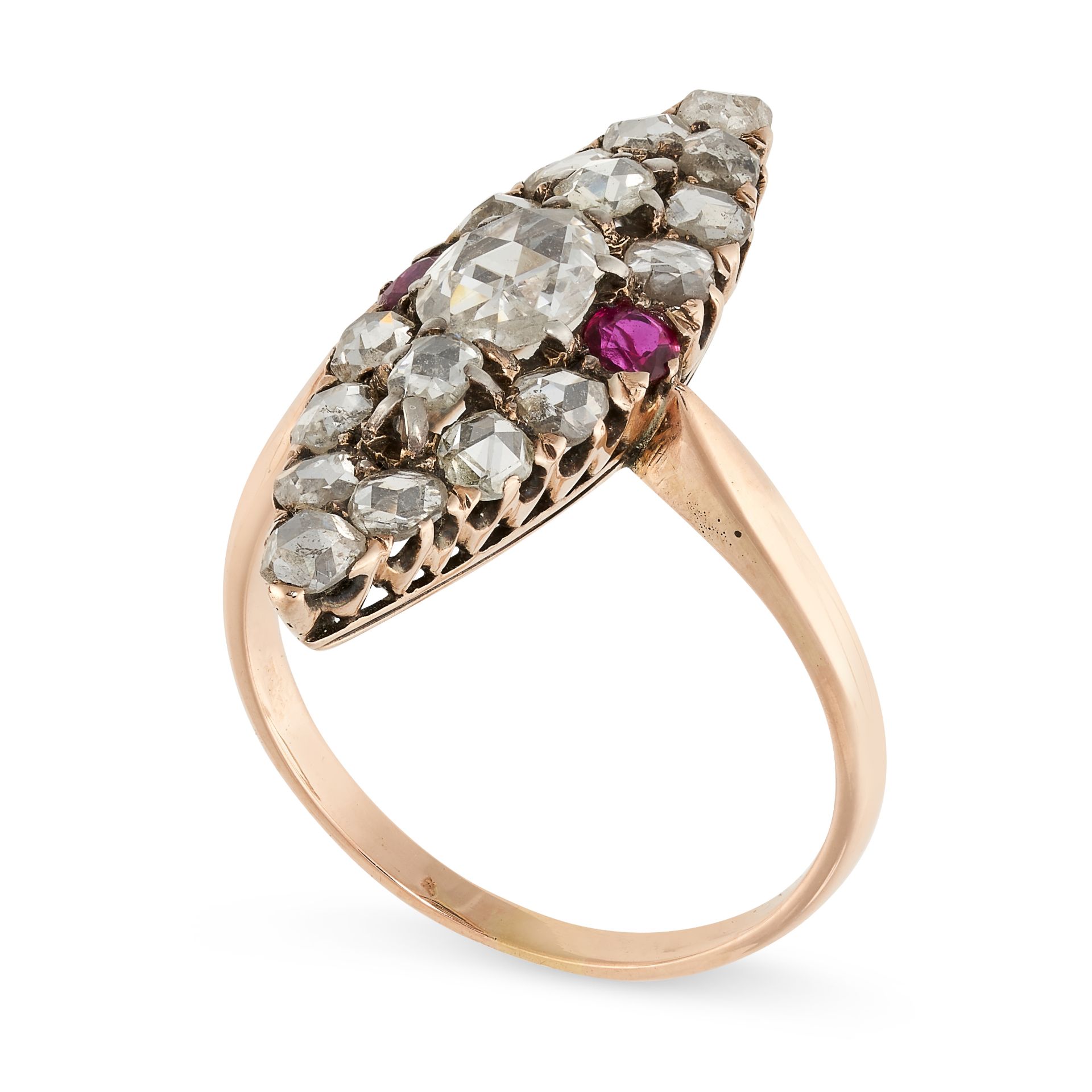 NO RESERVE - AN ANTIQUE DIAMOND AND RUBY RING in 18ct yellow gold and silver, the navette shaped - Image 2 of 2