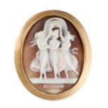 NO RESERVE - A VICTORIAN SHELL CAMEO BROOCH depicting the three graces, within a plain 9 carat