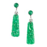 NO RESERVE - A PAIR OF JADEITE JADE EARRINGS in 18ct white gold, each set with a tapering piece of