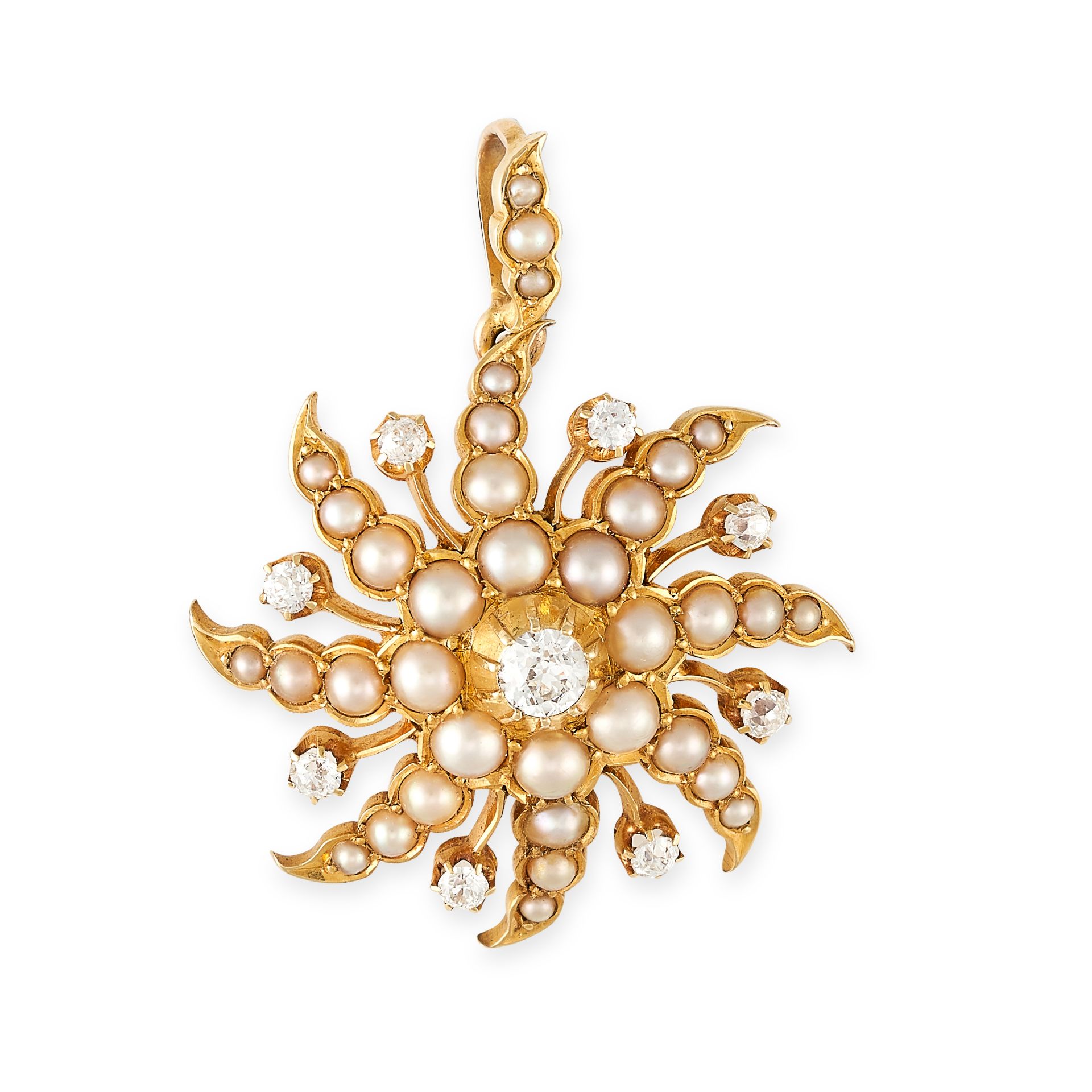 NO RESERVE - AN ANTIQUE PEARL AND DIAMOND PENDANT, LATE 19TH CENTURY, designed as a swirling star