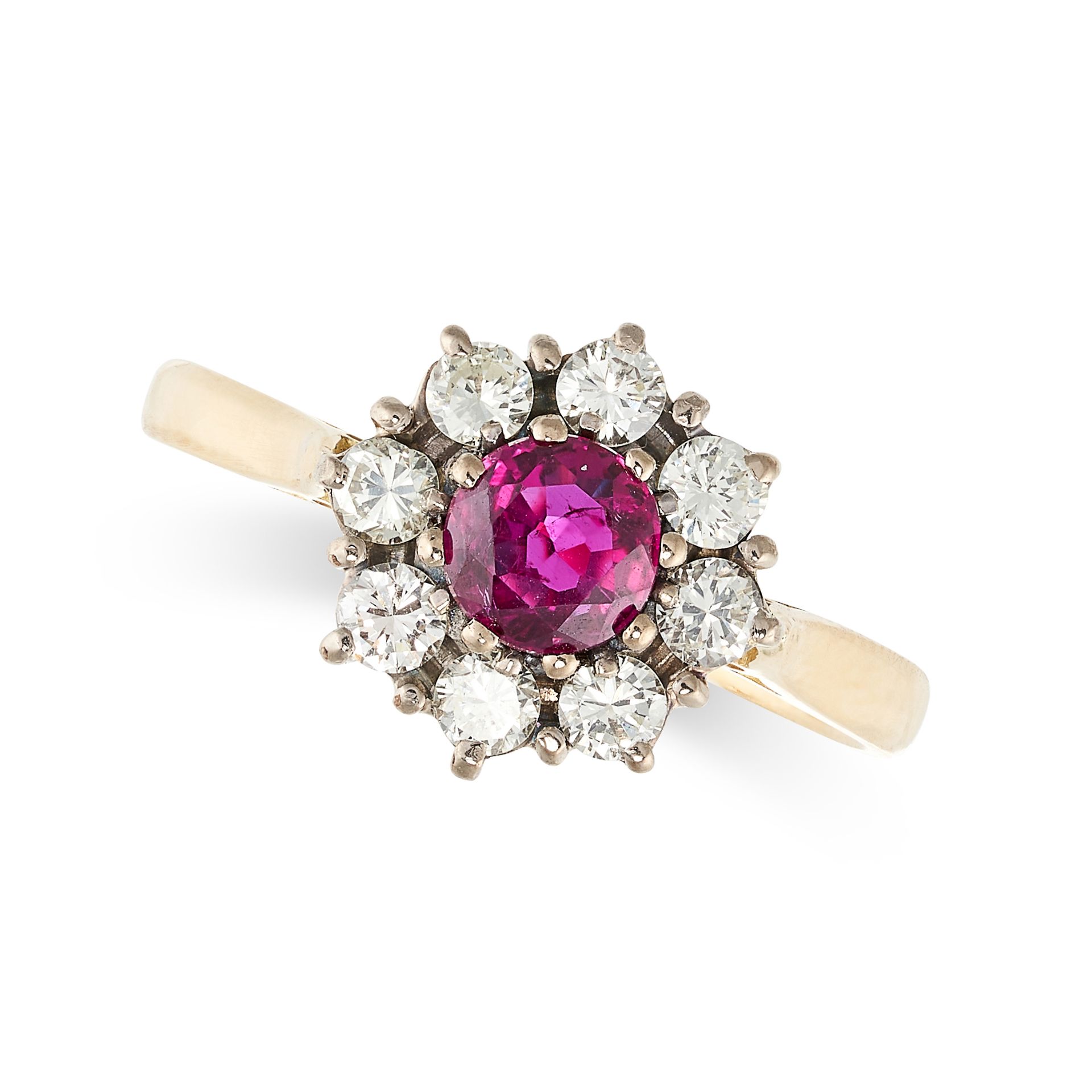 AN UNHEATED RUBY AND DIAMOND DRESS RING in 18ct yellow gold, set with a round cut ruby of 0.61