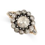 AN ANTIQUE DIAMOND CLUSTER RING, 19TH CENTURY in yellow gold and silver, set with a central rose cut