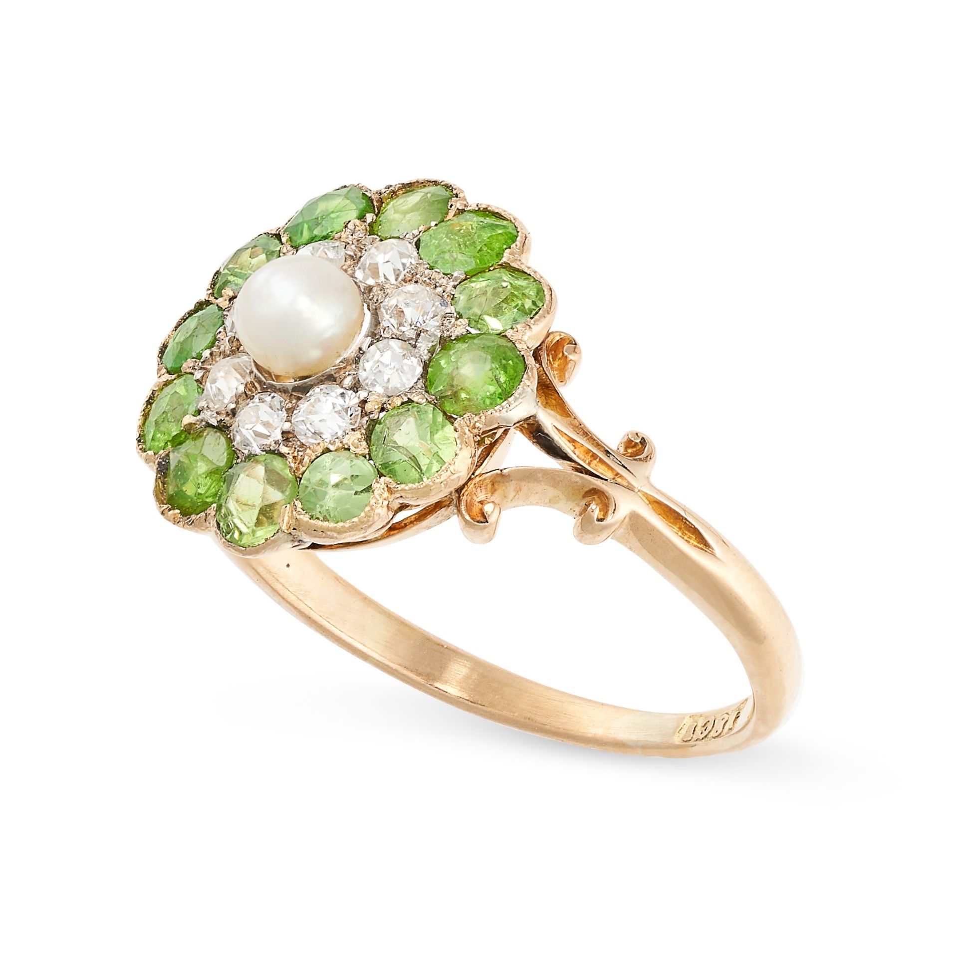 AN ANTIQUE DEMANTOID GARNET, DIAMOND AND PEARL RING in 18ct yellow gold, set with a pearl of 3. - Bild 2 aus 2
