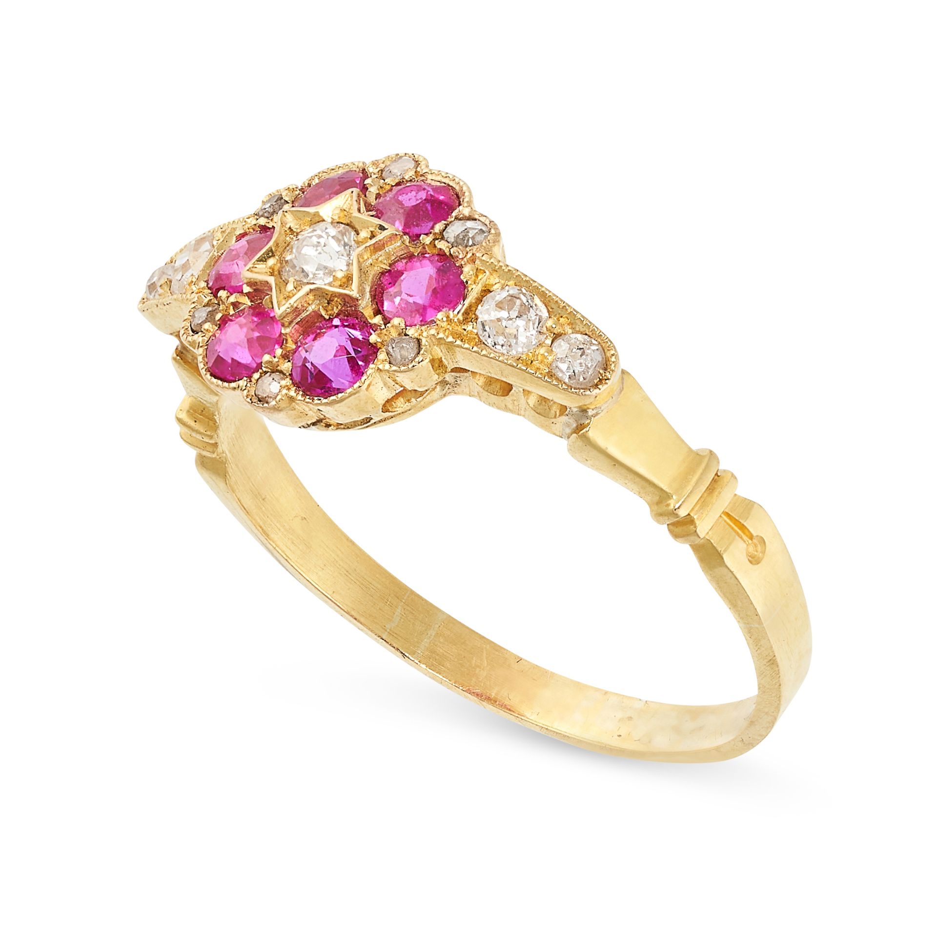 A RUBY AND DIAMOND DRESS RING in yellow gold, set with an old cut diamond within a border of round - Bild 2 aus 2
