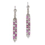 A PAIR OF RUBY AND DIAMOND DROP EARRINGS the articulated bodies set alternately with round cut