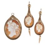 AN ANTIQUE CAMEO PENDANT AND EARRINGS SUITE in yellow gold, the brooch and pair of earrings each set