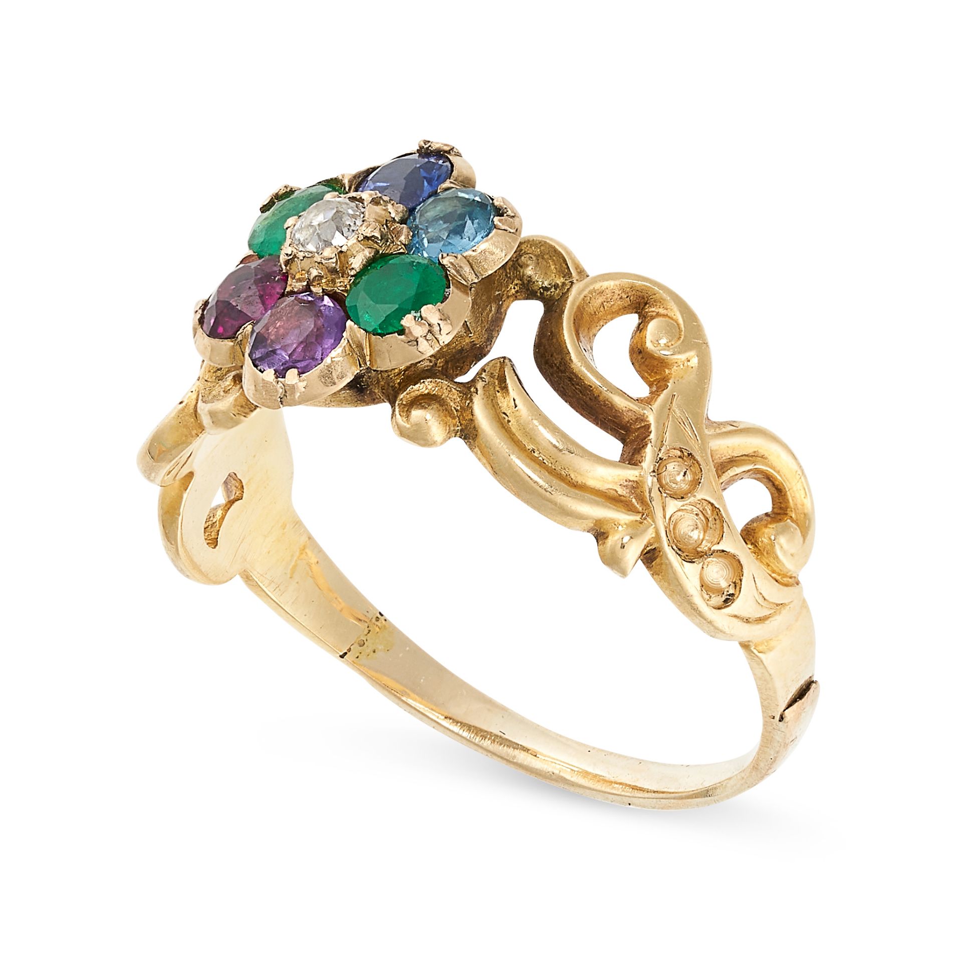 AN ANTIQUE GEMSET DEAREST RING in yellow gold, the first letter of the name of each stone spelling - Image 2 of 2