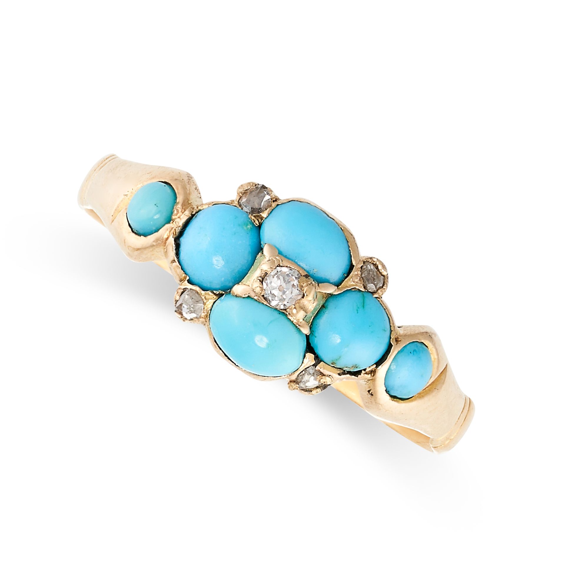 AN ANTIQUE VICTORIAN TURQUOISE AND DIAMOND RING, 1871 in 22ct yellow gold, set with cabochon