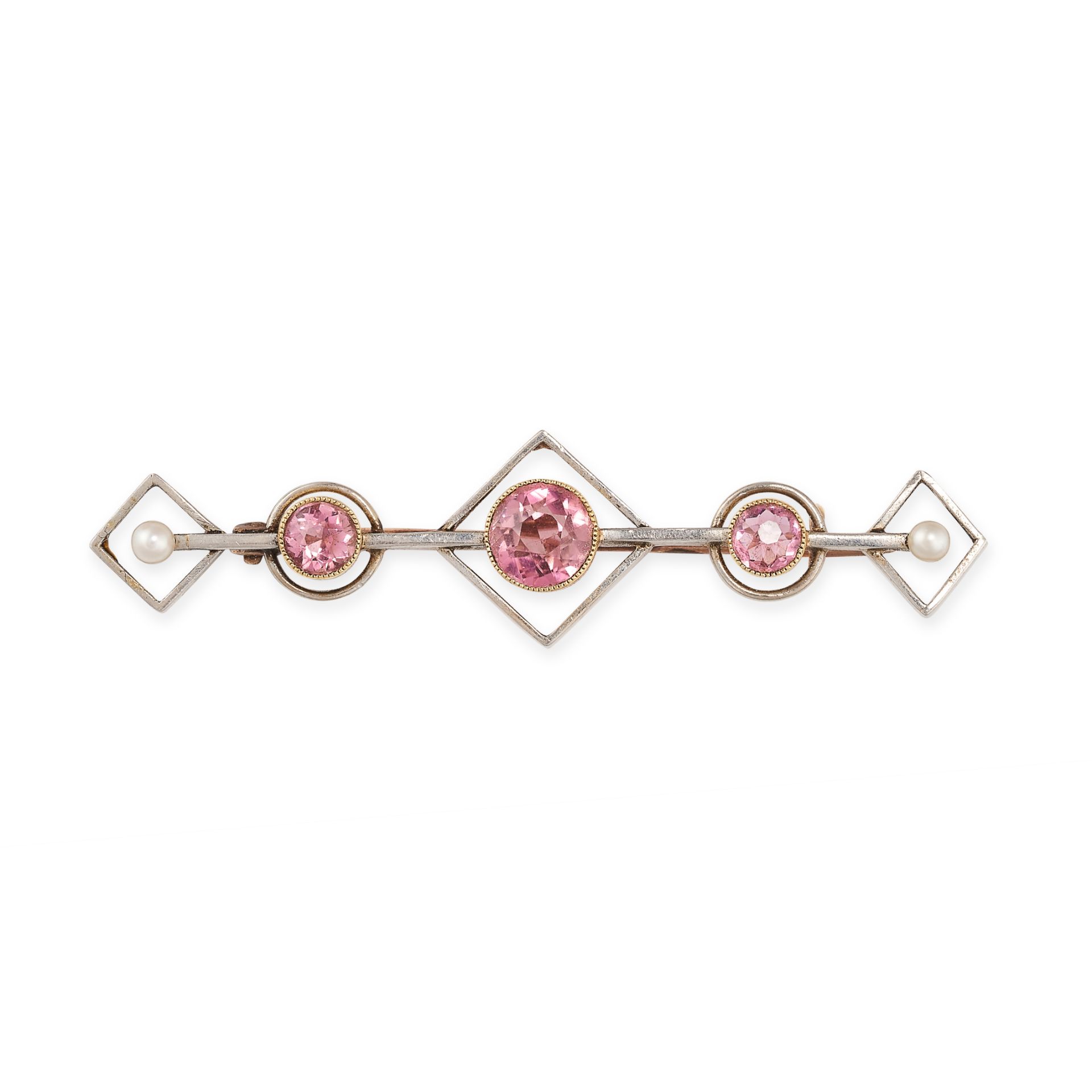 A PINK TOURMALINE AND PEARL BROOCH set with a trio of graduated round cut pink tourmaline,