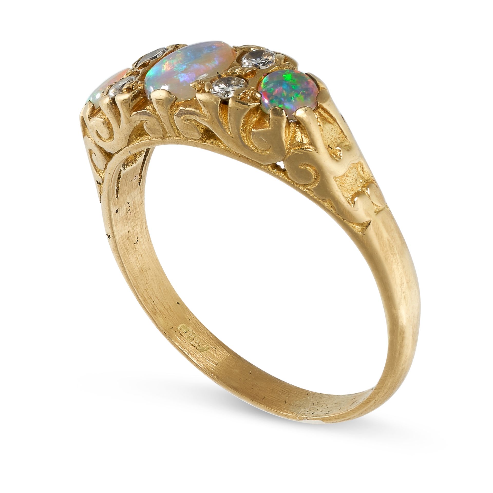 AN OPAL AND DIAMOND RING in 18ct yellow gold, set with a trio of graduated round cabochon opals - Image 2 of 2