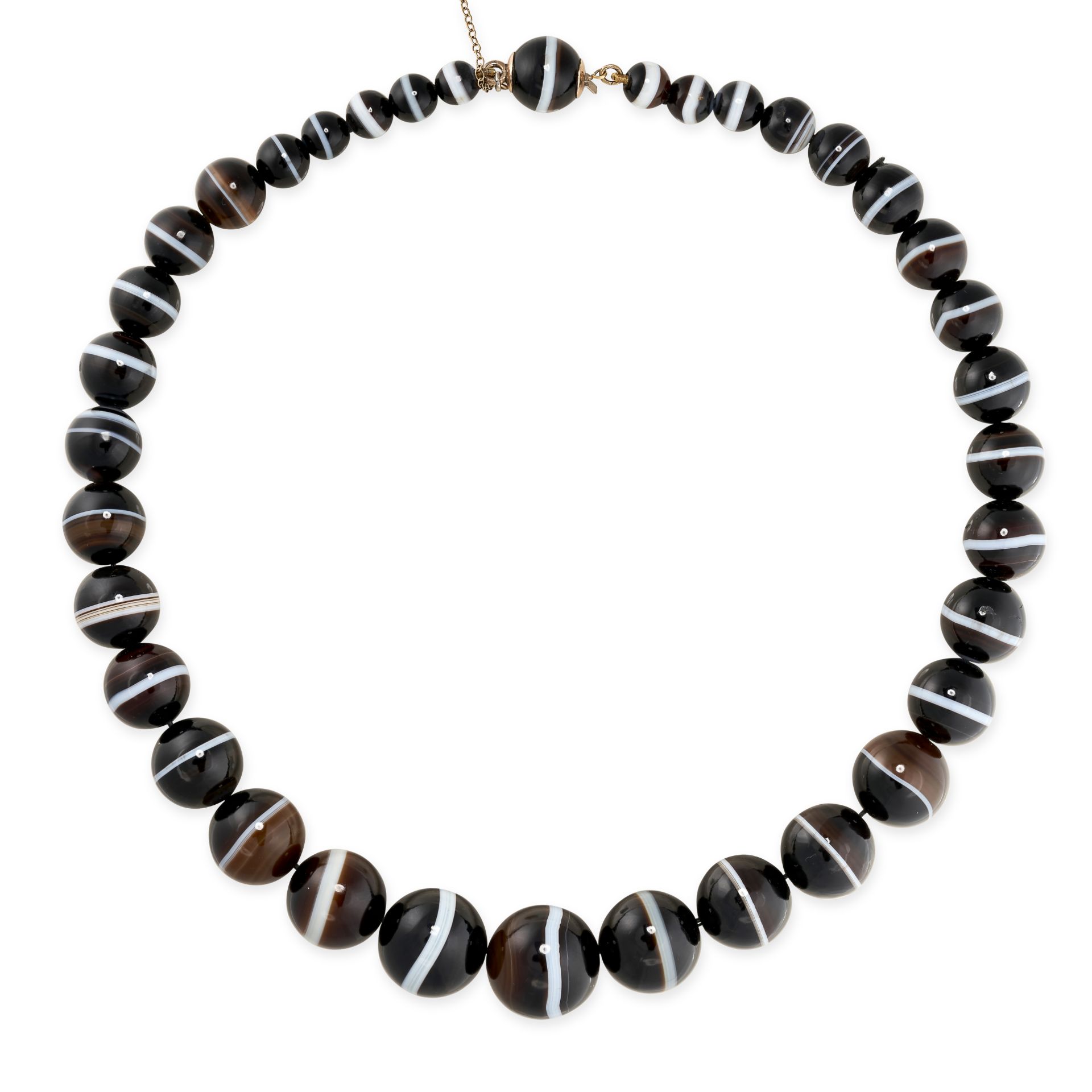 A BANDED AGATE BEAD NECKLACE comprising a single row of thirty-six graduated polished banded agate